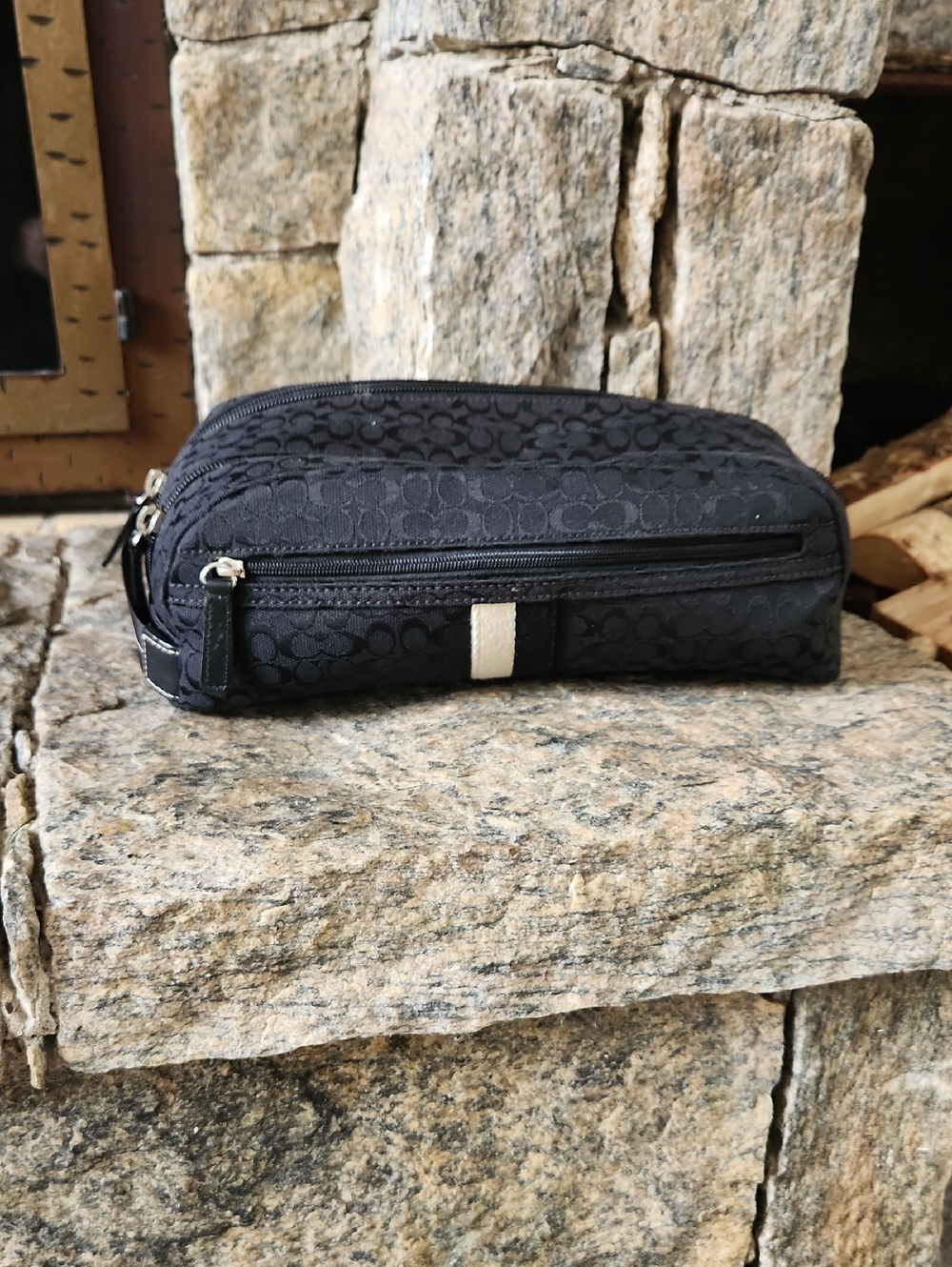 Coach Black Signature Canvas Toiletry Pouch with Silver Accent